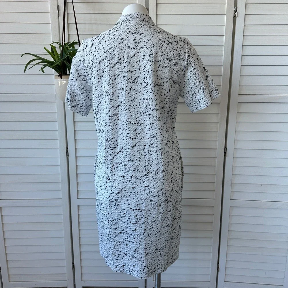 COS Crinkled Zip Front‎ Dress White Black Speckled Short Sleeve Collared Size 6